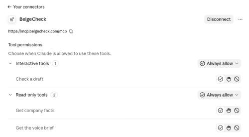 BeigeCheck's tool permissions in Claude: Interactive tools (Check a draft) and Read-only tools (Get company facts, Get the voice brief), both set to Always allow.