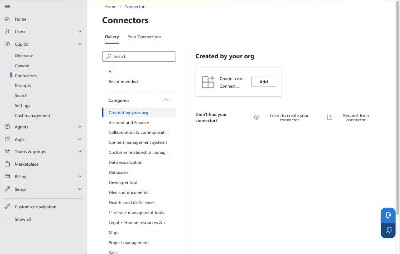 The Microsoft 365 admin centre's Connectors page, Gallery tab, filtered to Created by your org, showing the Create a new connector tile with an Add button.