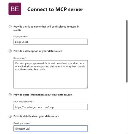 The Connect to MCP server form filled in: display name BeigeCheck, a description, the MCP endpoint URL https://mcp.beigecheck.com/mcp and developer name Ghostart Ltd.