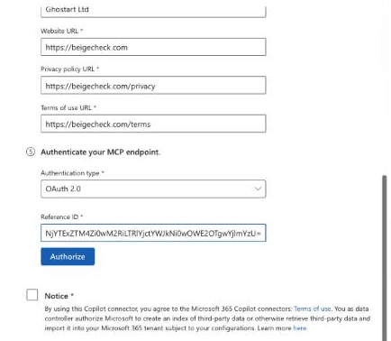 The bottom of the form: website, privacy and terms addresses on beigecheck.com, Authentication type OAuth 2.0, the Reference ID pasted in, an Authorize button, and Microsoft's Notice checkbox.