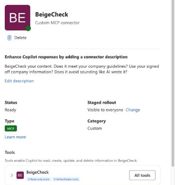 BeigeCheck's details under Your connections: status Ready, Staged rollout Visible to everyone with a Change link, type MCP, and BeigeCheck's three read-only tools.