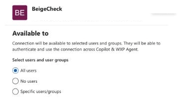 The Available to panel with three choices: All users, No users, and Specific users/groups.