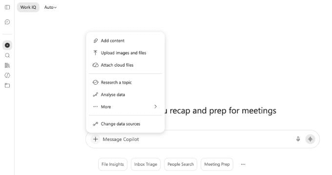 Copilot's message box with its + menu open, showing Change data sources at the bottom of the menu.