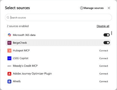 Copilot's Select sources window, listing Microsoft 365 data and BeigeCheck, both switched on, above other connectors with Connect buttons.